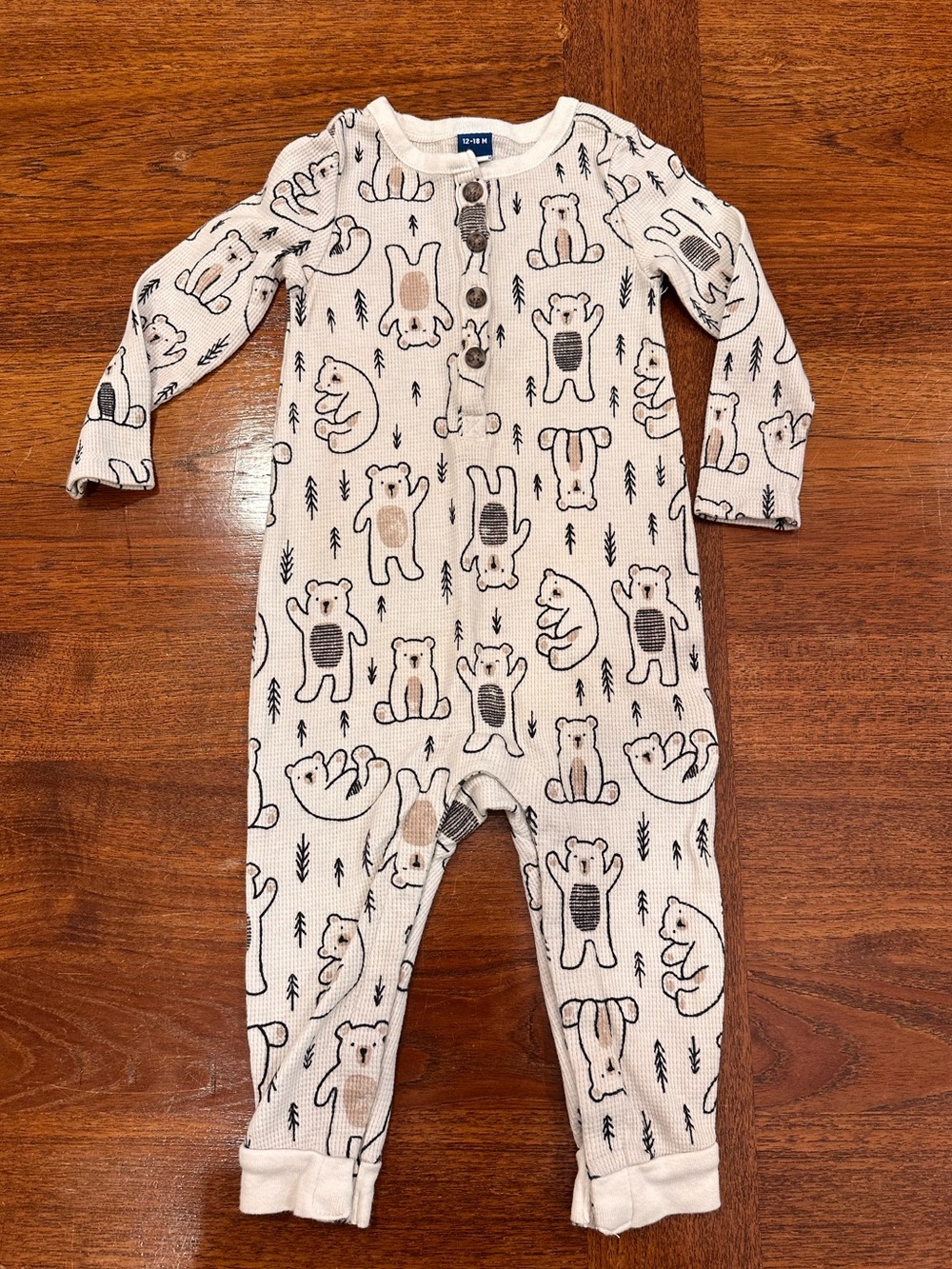 EUC Old Navy Neutral Bear Print Long-Sleeve One-Piece Romper, 12-18 Months